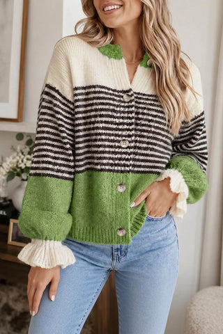 Striped Button-Front Ruffle Cuff Cardigan