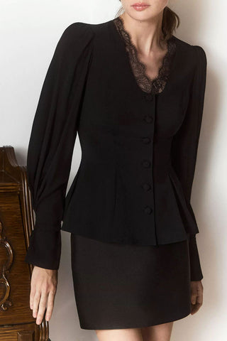 Lace V-Neck Puff Sleeve Button Blouse