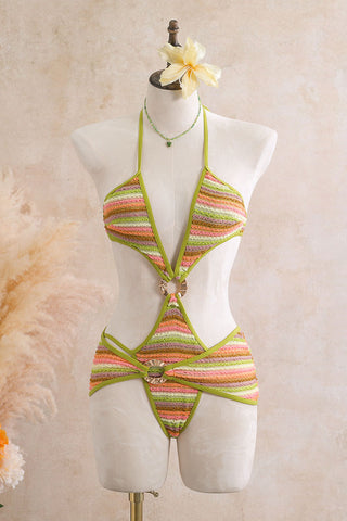 Striped Ring Cutout Halter Swimsuit
