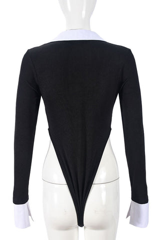 Contrast Collar Deep V-Neck Ribbed Bodysuit