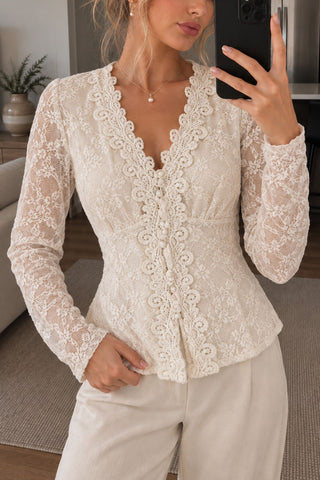 Floral Lace V-Neck Long Sleeve Blouse
