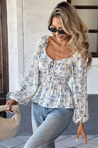 Floral Sweetheart Neck Smocked Blouse