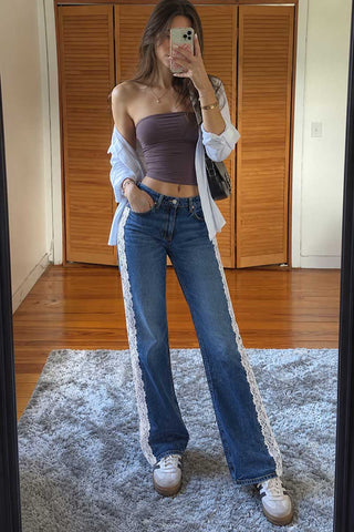 Lace Side Panel Wide Leg Jeans