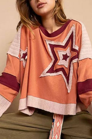 Star Graphic Crochet Panel Pullover