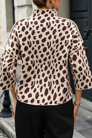 Leopard Print Mock Neck Bell Sleeve Sweater