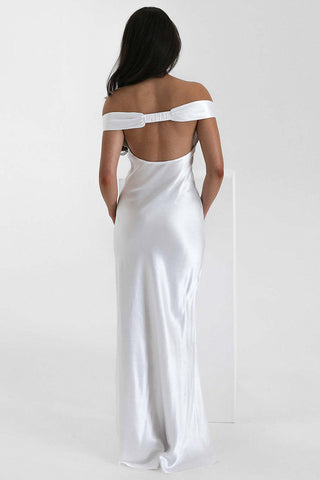 Ruched Off-Shoulder Satin Maxi Evening Dress