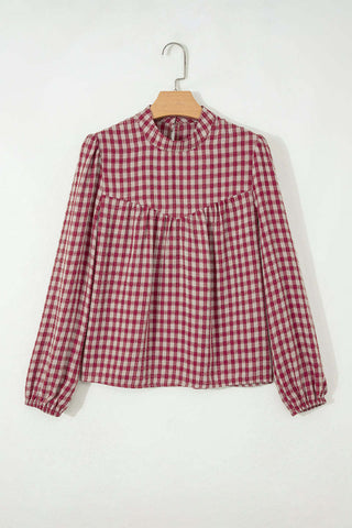 Plaid Mock Neck Puff Sleeve Blouse