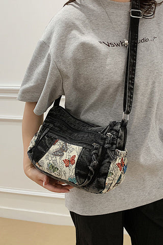 Floral Patch Zipper Drawstring Bag