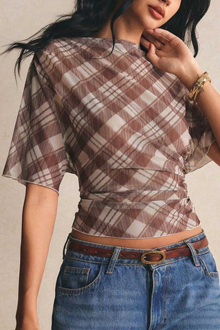 Sheer Plaid Flutter Sleeve Ruched Top