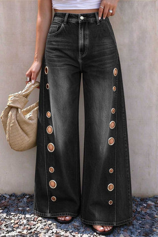 Metal Eyelet High-Waist Wide-Leg Baggy Jeans