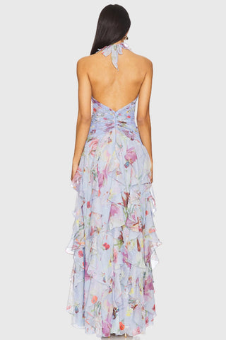 Floral Halter Ruched Ruffle Maxi Dress