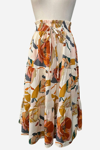 Tiered Drawstring Floral Maxi Skirt