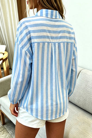 Striped Button-Up Ruffled Blouse