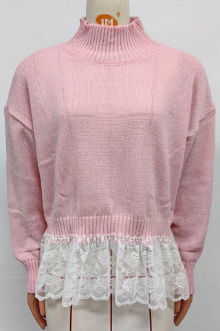 Mock Neck Lace Hem Knit Sweater