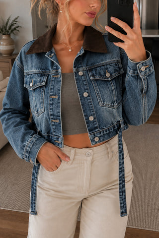 Contrast Collar Crop Denim Jacket
