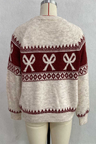 Bow Motif Fair Isle Crew Neck Sweater