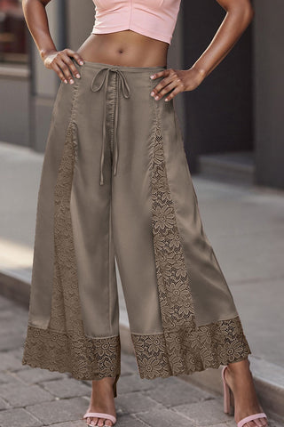 Lace Insert Drawstring Wide-Leg Casual Pants