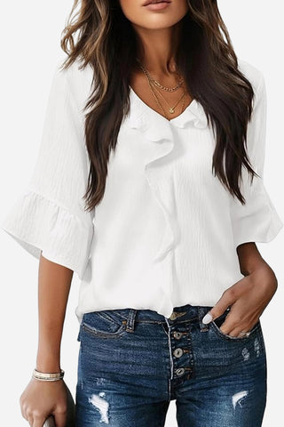 Ruffled V-Neck Blouse with Tiered Sleeves