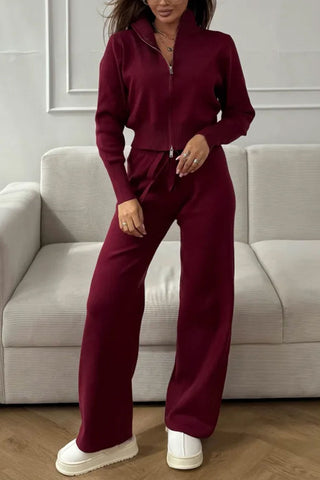 Zip-Front Mock Neck Knit Pants Set