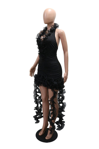 Ruched Halter Ruffle High-Low Casual Dress