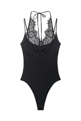 Lace Insert Tie-Back Sleeveless Bodysuit