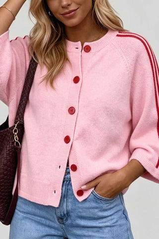 Striped Sleeve Button-Front Knit Cardigan