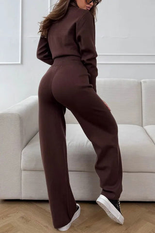 Zip-Front Mock Neck Knit Pants Set
