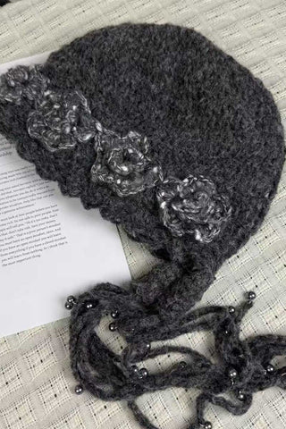 Crochet Floral Applique Beaded Tie Hat