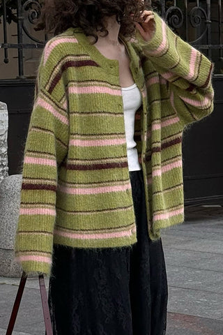 Striped Button-Front Fuzzy Knit Cardigan