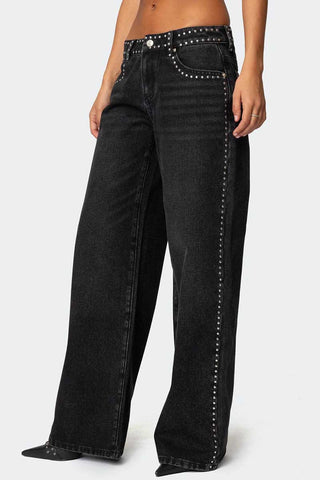 Studded Wide-Leg Straight Jeans