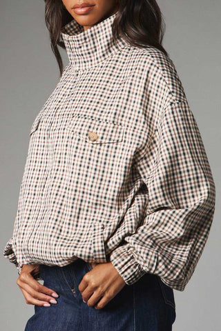 Plaid Mock Neck Zip-Up Jacket