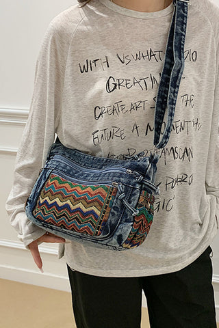 Tasselled Patchwork Drawstring Hobo Bag