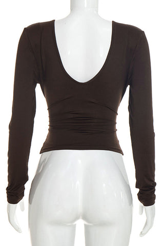 Deep V-Neck Ruched Front Long Sleeve Blouse