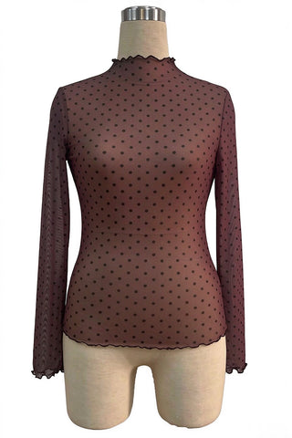 Sheer Polka Dot Mock Neck Long Sleeve Top