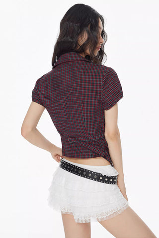 Plaid Puff Sleeve V-Neck Shirt