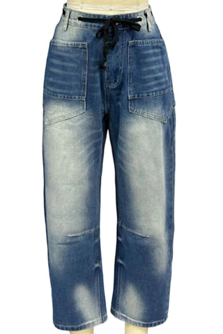 Striped Drawstring Straight Jeans