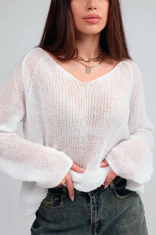 Sheer V-Neck Loose Knit Sweater
