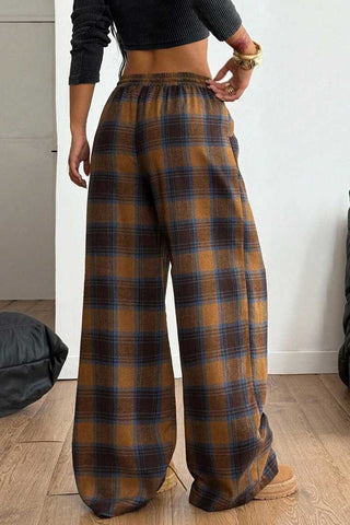 Plaid Drawstring Wide-Leg Casual Pants
