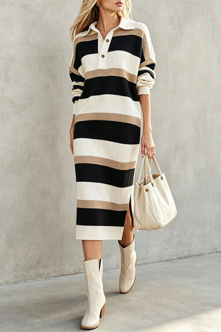 Striped Ribbed Knit Polo Midi Dress
