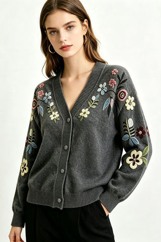 Floral V-Neck Button-Front Cardigan