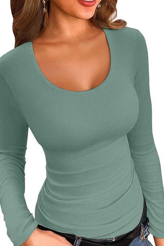 Ribbed Scoop Neck Long Sleeve T-Shirt