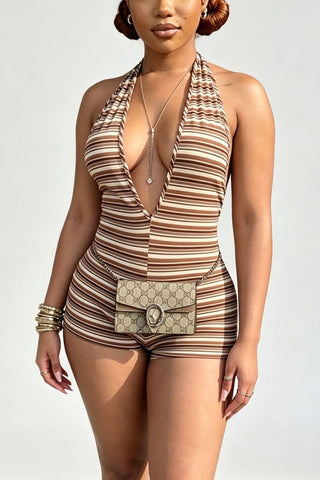 Striped Halter Deep V-Neck Romper