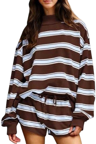 Striped Mock Neck Long Sleeve Short Set