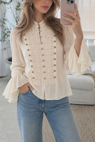 Mock Neck Bell Sleeve Military Blouse