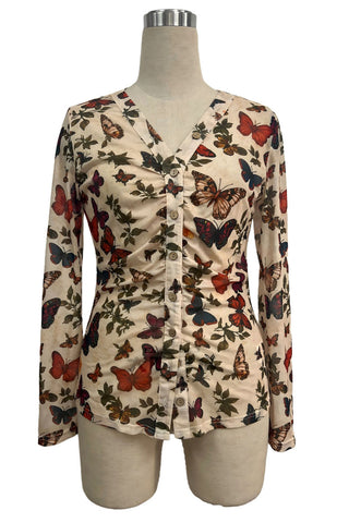 Butterfly Print V-Neck Button-Front Blouse