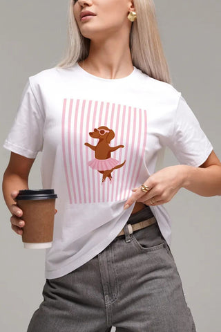 Striped Dog Graphic Crew Neck T-Shirt