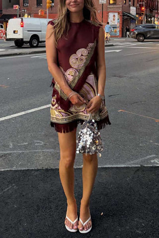 Fringe Trim Printed Sleeveless Mini Skirt Set