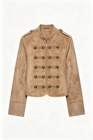 Military Button Mock Neck Cropped Jacket