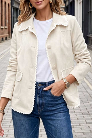 Scalloped Lace Trim Suede Jacket