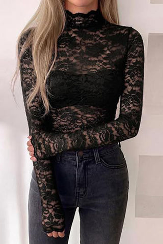 Floral Lace Mock Neck Long Sleeve Blouse